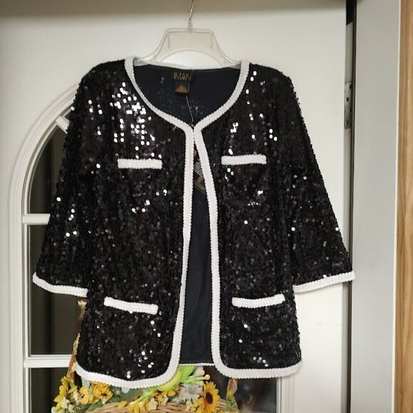 IMAN Jackets & Blazers - New Iman Black White Trim Sequin 3/4 Sleeve Jacket Size Women's M